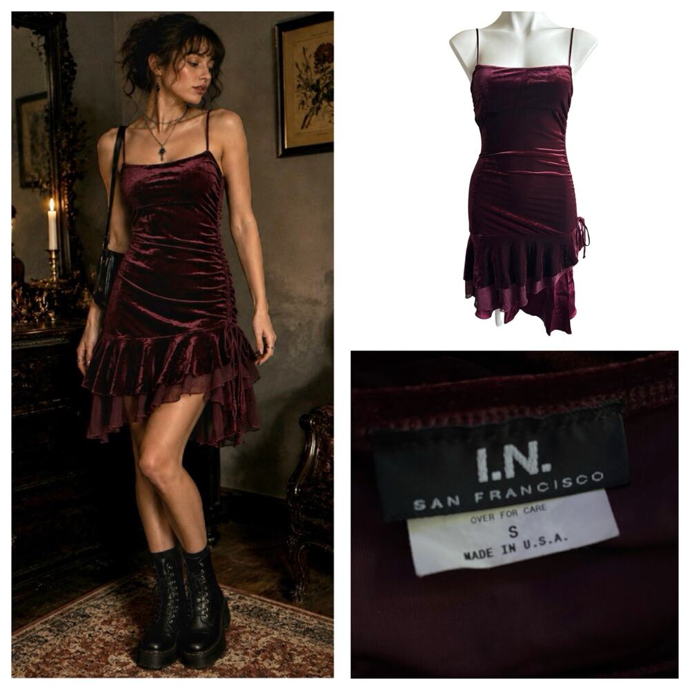 Vtg 90s Whimsigoth Romantic Gothic Red Velvet Babydoll Dress Ruffles Asymmetric